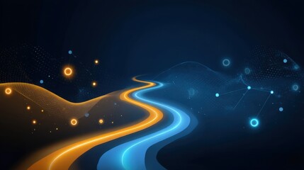 Abstract digital landscape with flowing lines and glowing elements in vibrant orange and blue colors on dark background