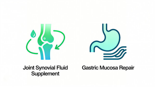 Joint synovial fluid for repairing gastric mucosa represents the health concept of supplementing joint synovial fluid and repairing gastric mucosa, and is suitable for health care materials.
