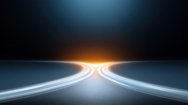 Abstract image of light trails converging at horizon creating a dramatic visual of choice, direction, and the concept of new beginnings in a dark setting