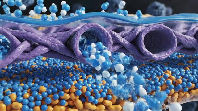 Microscopic view of fluid passing through tubes and interacting with cellular structures