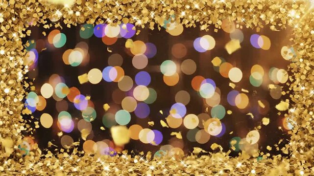 Abstract gold texture with colorful bokeh lights and glittering particles