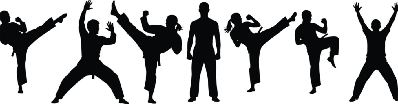 Martial arts silhouettes demonstrating dynamic kicking and fighting poses, showcasing strength, discipline, movement, and training technique in a powerful black graphic illustration