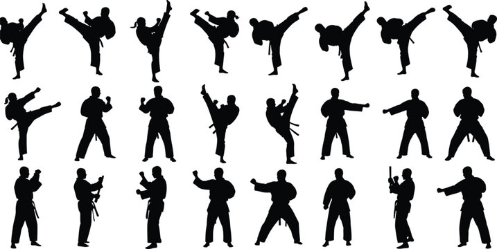 Martial arts fighter silhouettes set showing karate and taekwondo kicks, punches and combat poses isolated on white background illustration