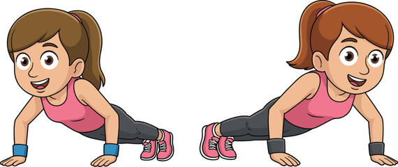 Two Cartoon Girls Performing Push-Up Exercise in Plank Position with Pink Outfits and Ponytails for Fitness, Workout, and Character Comparison Concept