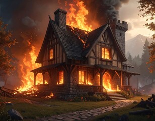 A burning, old building with flames engulfing its structure