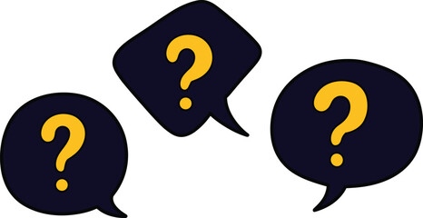 Three Question Mark Speech Bubbles on White Background Representing Curiosity, Inquiry, Uncertainty, and Information Seeking in Communication and Dialogue