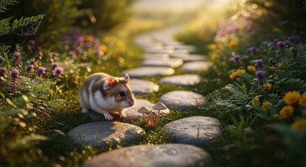 A tiny hamster explores a sun-dappled garden path surrounded by wildflowers and small fungi