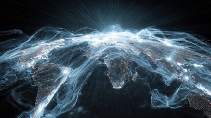 Futuristic Global Connectivity Visualization with Light Trails Over Continents and Cities Representing Data Flow