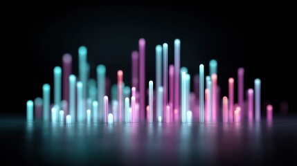 Abstract glowing light bars in pink and blue colors on a dark background creating an artistic representation of sound waves and digital art concepts