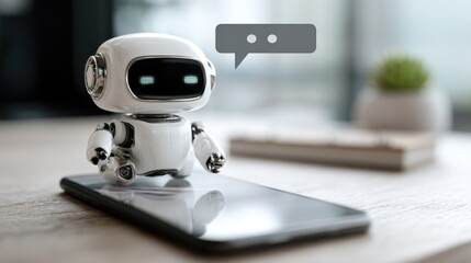 Humanoid robot with chat bubbles on smartphone in modern workspace, showcasing advanced AI communication technology