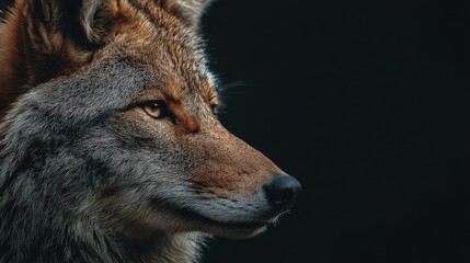 Fototapeta premium Close-up Portrait of a Coyote in Profile Against a Dark Background Showcasing Its Features and Intriguing Expression