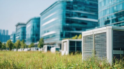 Obraz premium Geothermal heat exchanger units in clear focus blurred facility buildings in the background showcasing energyefficient technology.