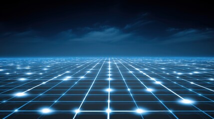 Futuristic digital grid landscape with glowing lines and bright dots under a dark sky, representing technology and innovation in abstract design.
