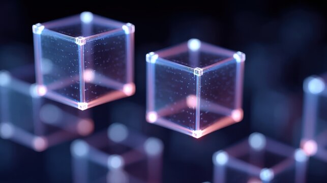 Futuristic Transparent Cubes Floating in Space with Glowing Edges and Bubbles Creating a Mystical Digital Environment for Innovation and Creativity