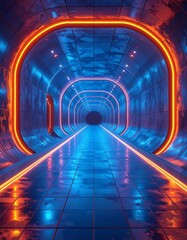 Futuristic hallway lit with neon orange and blue, leading to a dark end