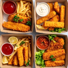Four boxes of fried seafood, fries, and dipping sauces