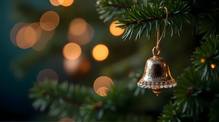 Sparkling Gold Bell Christmas Ornament on a Festive Fir Branch