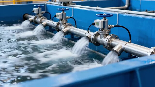 Dynamic medium shot of a flowing basin system showcasing automated valves regulating fluctuating inflows for optimal water treatment.