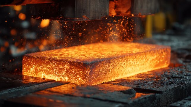 Closeup of direct chill casting showing molten aluminum solidifying in a cooled mold to create a smooth billet surface. Industrial machinery and sparks highlight the process.