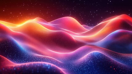 Fototapeta premium Abstract Cosmic Wave Landscape with Vibrant Orange Blue and Purple Glowing Particles in Dark Starry Night Sky with Golden Light Aurora Glow