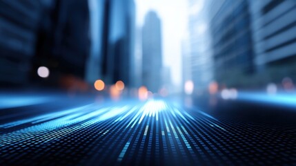 Abstract digital background with blue light streaks and blurred cityscape representing data transmission and modern urban technology concepts