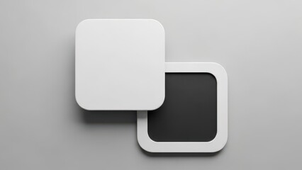 Stacked rounded square buttons on gray background, minimal 3d render, white and black layers, soft shadow, modern ui icon mockup, copy space, abstract technology concept
