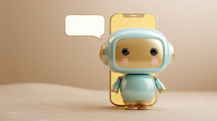 Cute cheerful robot character with smartphone and speech bubble for technology, communication, and innovation themes