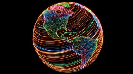 Colorful rotating globe with vibrant neon lines representing connectivity and technology in a digital world