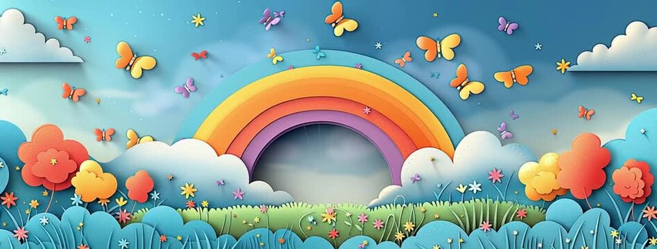 animated rainbow cartoon illustration with butterflies around 