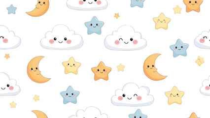 Obraz premium Cute Cloud, Moon and Stars Pattern: A charming and whimsical seamless pattern features smiling clouds, cheerful stars and a smiling crescent moon, perfect for children's designs.
