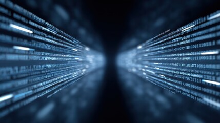 Abstract representation of data flow through binary code in a futuristic digital space illustrating technology, computing, and information connectivity concepts