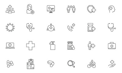 Collection of medical icons set for web design illustrating symbol and sign 
