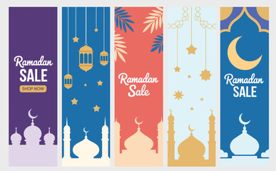 Ramadan sale greeting cards set, Islamic holiday story and banner templates.