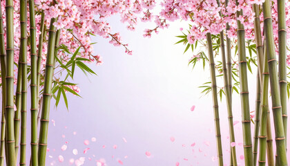 Japanese Spring Background with Cherry Blossoms and Bamboo　Falling Sakura Petals and Tranquil Natural Harmony