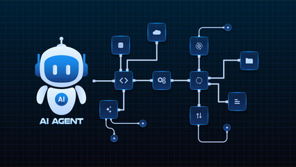 Fototapeta premium AI workflow automation artificial intelligence. ai agent with flow processing steps, cloud and database integration, branching logic, and automation system.