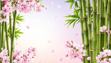 Japanese Spring Background with Cherry Blossoms and Bamboo　Falling Sakura Petals and Tranquil Natural Harmony