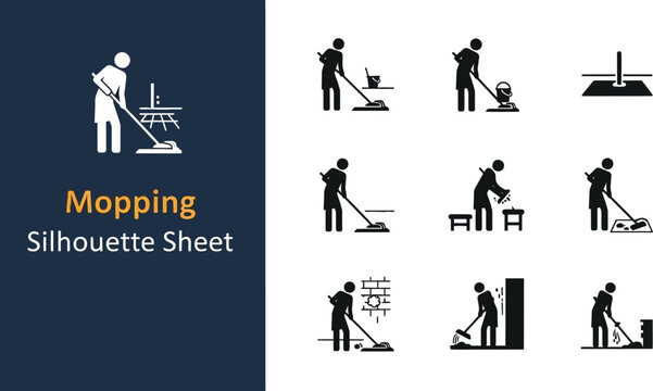 Collection of black silhouettes depicting mopping and floor cleaning actions