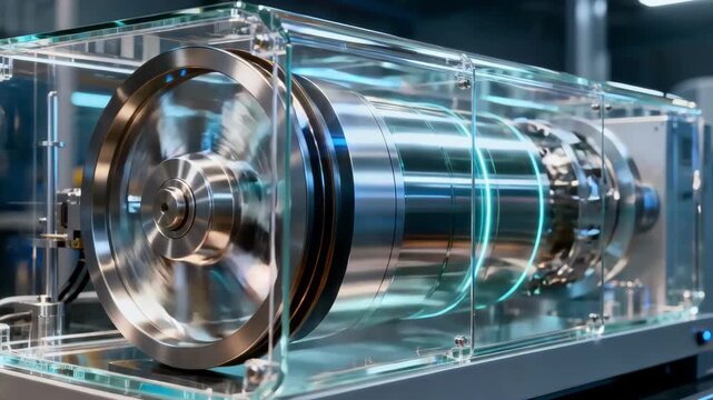 Closeup medium shot of a rotating flywheel inside a transparent casing highlighting the mechanical energy storage process amid hightech equipment.