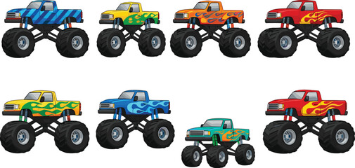 Big Wheel Off-Road Vehicles with Flame Decals for Racing, Rally, and Automobile Vector Illustration. © Sahed