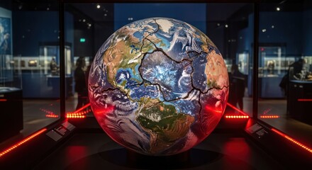 An artistic representation of a fractured planet Earth displayed in a dimly lit museum exhibit