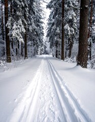 Snowy forest scene with cross-country ski tracks and snow-laden trees