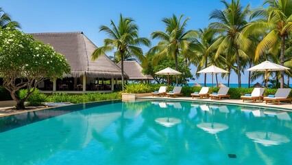 Luxurious tropical resort with infinity pool and palm trees by ocean