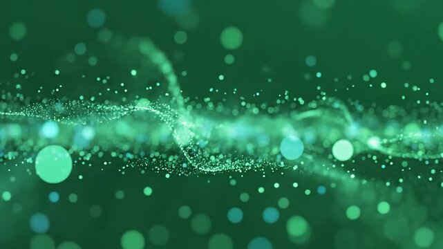 Abstract flowing particles and light creating a dynamic green background with bokeh effect, perfect for digital and scientific content