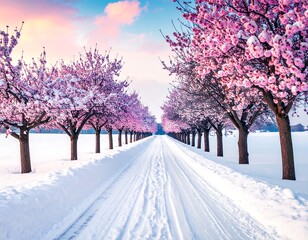 Obraz premium Snowy road lined with flowering trees, under a pastel sky