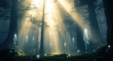 Papier peint photo Chambre de fille Enchanted Forest Beings Dance in Ethereal Sunbeams  © budi