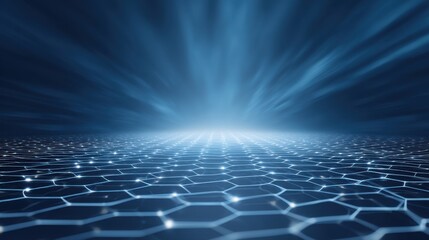 Abstract futuristic background with hexagonal grid and light rays creating depth and perspective in a blue digital environment