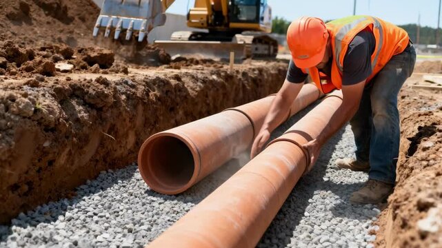 Laborers carefully placing durable clay sewer pipes into the prepared foundation for underground sewage transport
