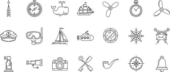 Black and White Nautical Icon Set Featuring Marine Exploration, Sailing, Navigation, Diving, and Maritime Adventure Symbols for Design Projects © Sahed