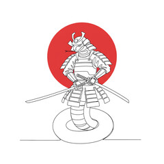 Samurai Snake Japanese Line Art Illustration　Minimal Japanese Modern Artwork of a Snake Warrior with Sword