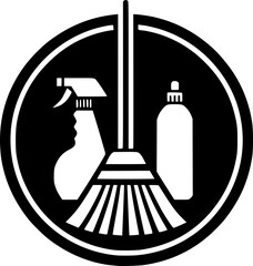 Minimalist black-white cleaner set icon with clean lines, no shading, isolated on white. Simple, modern, scalable, ideal for service logos or digital use.